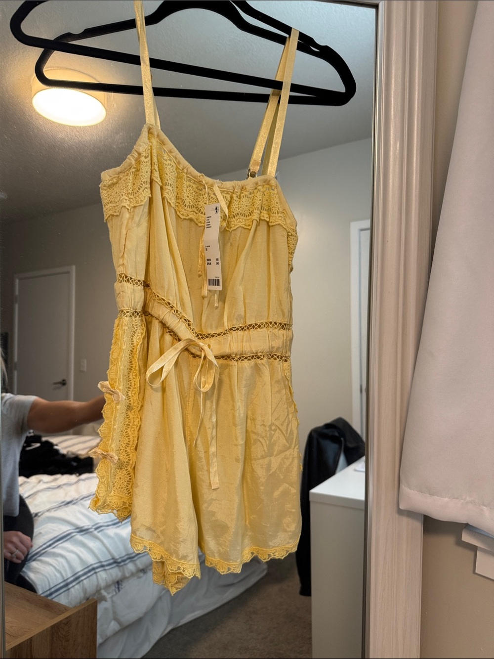 Urban Outfitters Yellow Lace-Trim Satin Chemise Romper